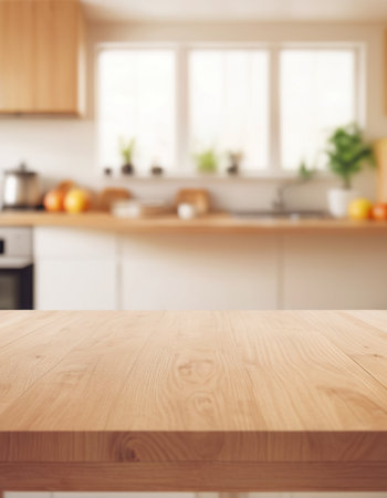Empty wooden table and blurred kitchen interior background, product display montageの素材