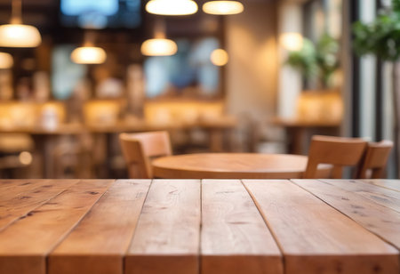 Empty wood table and Coffee shop blur background with bokeh image.の素材