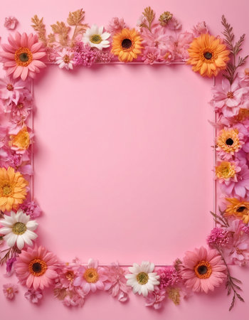 Flowers composition. Frame made of flowers on pink background. Flat lay, top view, copy spaceの素材