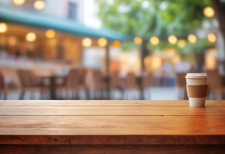 Empty wooden table and coffee shop blur background with bokeh image.の素材