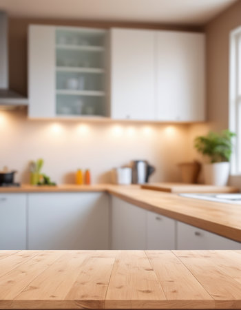 Empty wooden table and blurred kitchen interior background, product display montageの素材