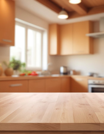 Empty wooden table and blurred kitchen interior background, product display montageの素材