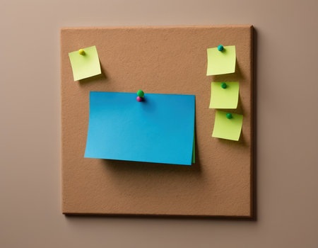 Colorful sticky notes on a brown cork board with copyspaceの素材