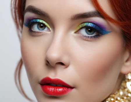 Close up portrait of beautiful young woman with bright make-up and red lipsの素材