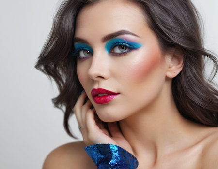 Closeup portrait of beautiful woman face. Luxury brunette girl with bright make-up. Perfect skin. Professional manicureの素材