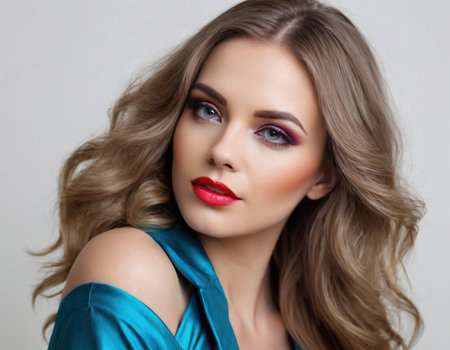 Portrait of beautiful young woman with blond hair and bright makeup.の素材