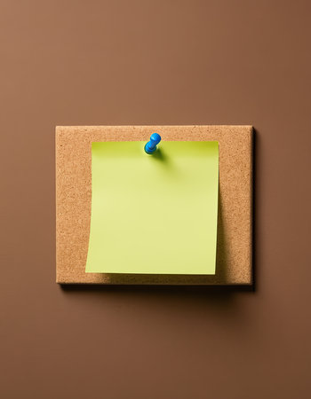 Cork board with blank yellow sticky note on brown background, copy spaceの素材
