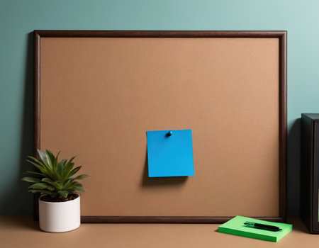 Blank school board with sticky note and plant in pot on tableの素材