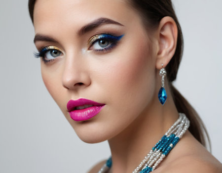 Portrait of beautiful young woman with evening make-up and beadsの素材