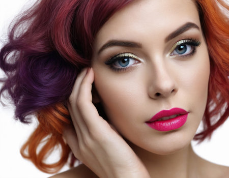 Portrait of beautiful young woman with bright makeup and colorful hair.の素材