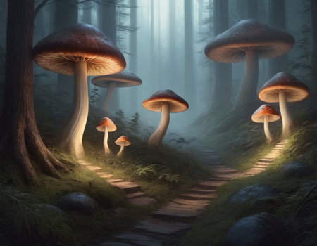 Mushrooms in the dark forest. 3d render illustration.の素材
