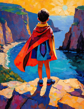 Digital painting of a boy in a red cape looking at the seaの素材