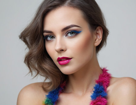 Portrait of young beautiful brunette woman with bright makeup and colorful scarf.の素材