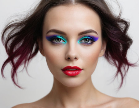Closeup portrait of beautiful young woman with bright makeup and hair styleの素材