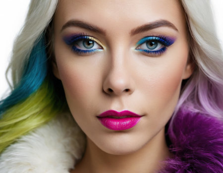 Closeup portrait of beautiful young woman with bright make up and colorful hairの素材