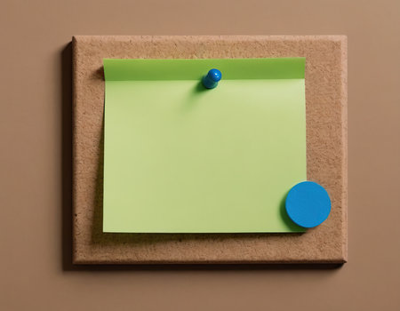 Blank note paper attached to cork board with blue pushpinの素材