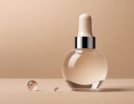 Perfume bottle with dropper on beige background. 3d renderingの素材