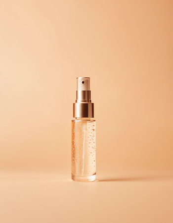 Cosmetic bottle on a beige background. Beauty and skin care concept.の素材