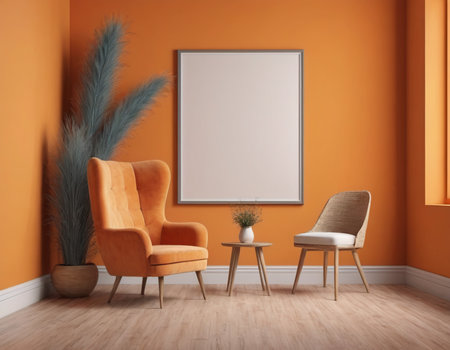 Interior of modern living room with orange walls, wooden floor, orange armchairs and vertical mock up poster. 3d renderingの素材