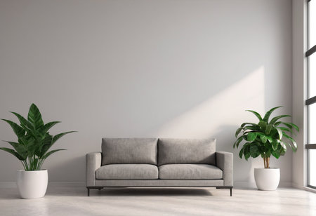 Interior of modern living room with gray sofa and plant. 3d renderの素材
