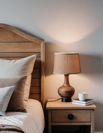 Wooden bedside table with lamp and coffee cup in bedroom interiorの素材