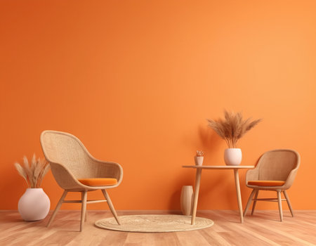 Interior of modern living room with orange wall, 3d renderの素材