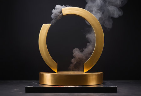 Round gold podium with smoke on black background. 3d render.の素材