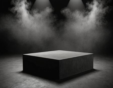 Black podium in a dark room with smoke and spotlights. 3d renderingの素材