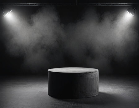 Black round podium in dark room with smoke. Mock up, 3D Renderingの素材