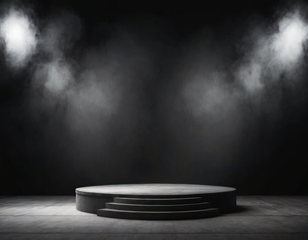 Black podium with smoke and spotlights on a dark background. 3d renderingの素材