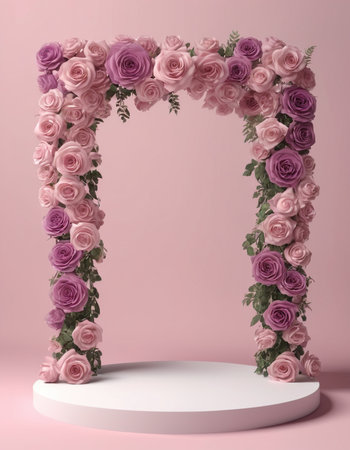 3d render of white podium with pink roses and arch on pink backgroundの素材