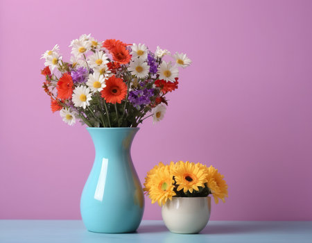 Bouquet of beautiful flowers in vase on table against color backgroundの素材