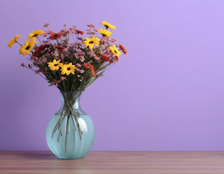 Bouquet of wildflowers in vase on wooden tableの素材