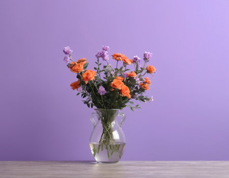 Bouquet of beautiful flowers in vase on table against color backgroundの素材