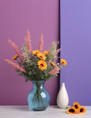 Vase with beautiful flowers on table near color wall. Interior designの素材