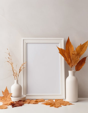 White frame mockup with autumn leaves in vase on white table.の素材