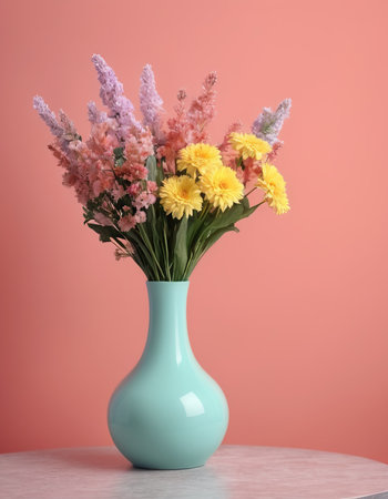 Vase with beautiful flowers on table against color background, closeupの素材