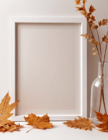 Mock up frame with autumn leaves on white background. 3d renderの素材