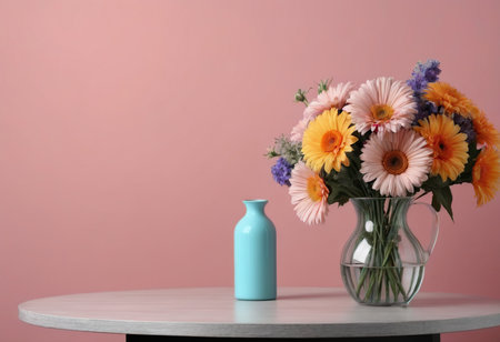 Vase with beautiful gerbera flowers on table against color backgroundの素材