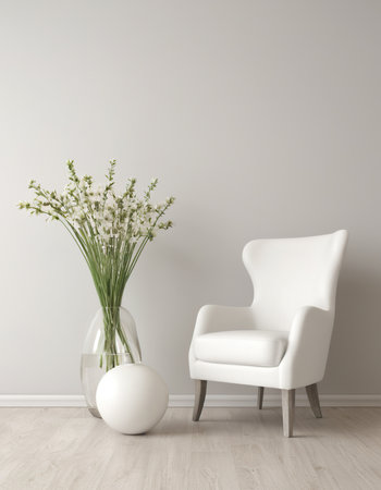 Modern interior with white chair and vase with gypsophila flowersの素材