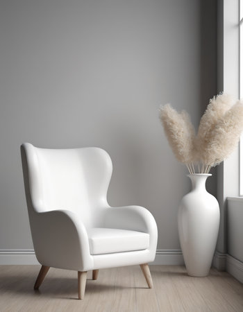 Modern interior with white armchair and vase with pampas grass. 3d renderの素材