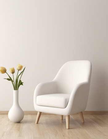 Modern interior with white armchair and tulips. 3d renderの素材