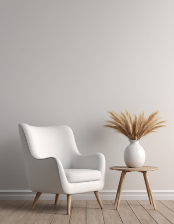 White armchair and vase with dry grass on white wall background. 3d renderの素材