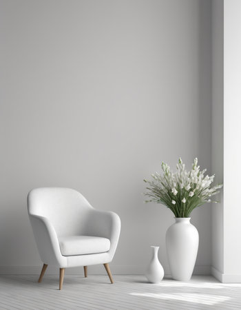 Modern interior with white armchair and vase. 3d renderの素材