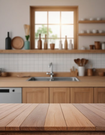 Empty wooden table and blurred kitchen interior background. Mock up for designの素材