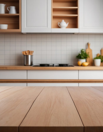Empty wooden table in modern kitchen interior. Mock up for display of productの素材