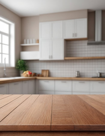 Empty wooden table and blurred kitchen interior background. Mock up, 3D Renderingの素材
