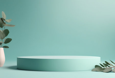 3d rendering of minimal geometric forms. Blue background with podiums for product presentation.の素材