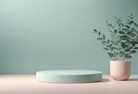 Minimalist scene with podium and eucalyptus. 3d renderの素材
