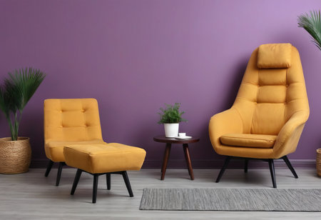 Modern living room interior with yellow armchairs and plant. 3d renderの素材